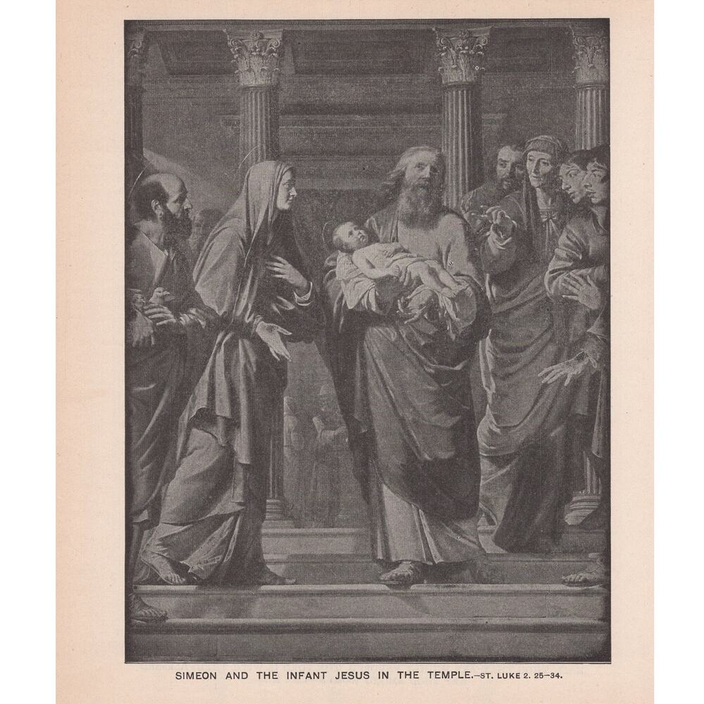 Simeon & Infant Jesus / Blessed Art Thou Among Women Bible Print Antique 1880s